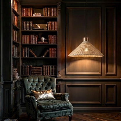 Cozy rattan and wood pendant light providing the perfect warm, focused light for a reading nook.