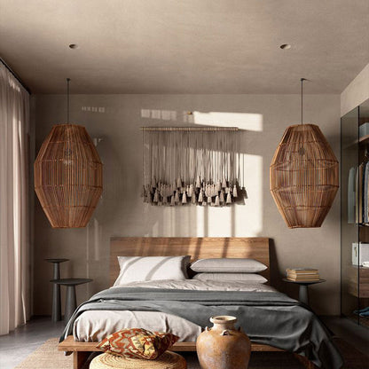 Aesthetic earthy bedroom pendant light creating a warm, moody atmosphere with a visible vintage Edison filament bulb inside