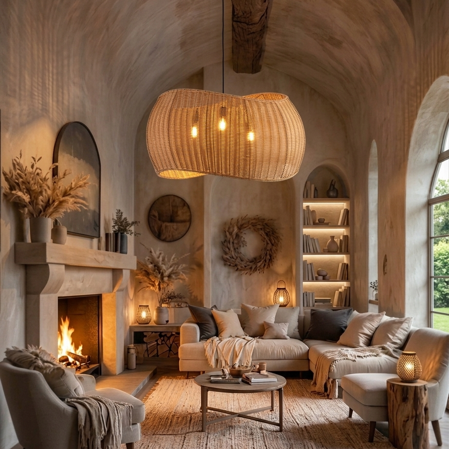 Cozy woven living room pendant light creating a warm and inviting atmosphere