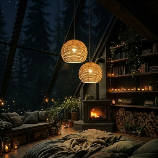Soft glowing woven rattan pendant lamp for a relaxing bedroom atmosphere