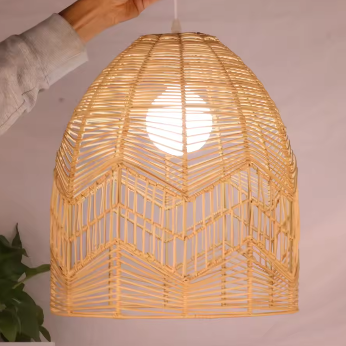 Earthy natural fiber hanging ceiling lamp creating a serene and relaxing warm atmosphere for bedroom lighting.