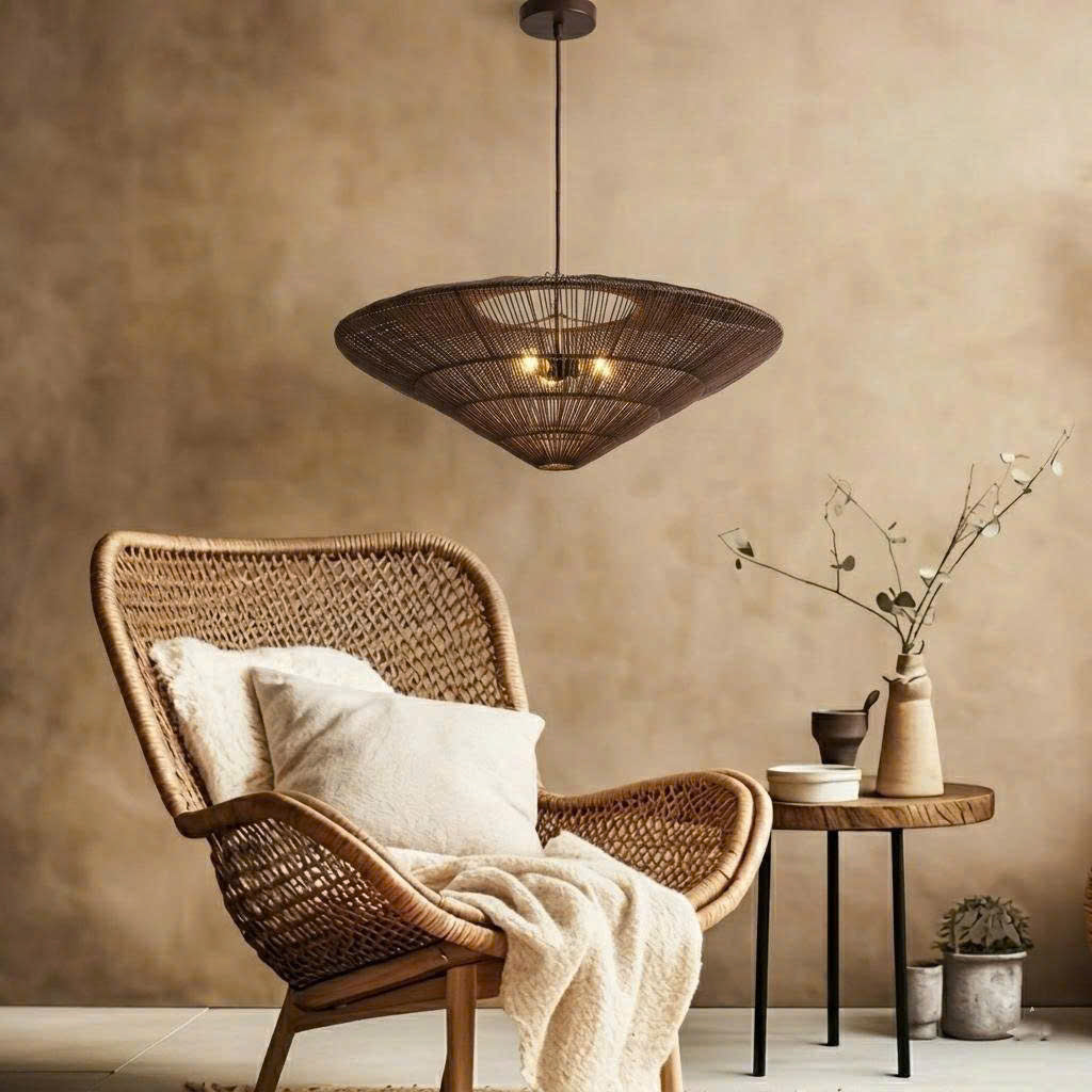 A wide handwoven natural rattan saucer pendant light