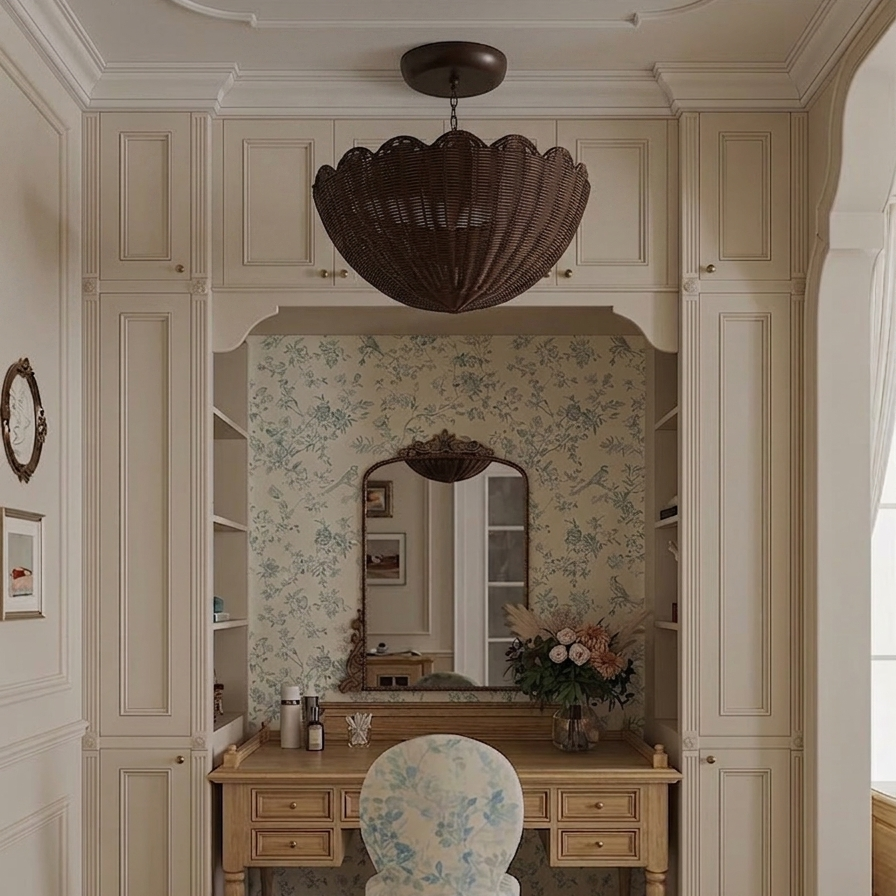 Natural rattan artistic shell shade, a handcrafted and non-toxic flush mount light designed for wellness.