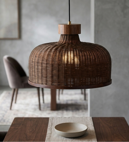 Dark brown rattan dome pendant light with a thick walnut wood neck and bottom trim hanging against a grey concrete wall.
