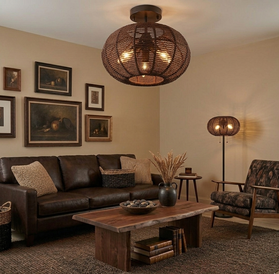 Elegant Dark Brown woven rope ceiling light enhancing the modern aesthetic of a living room.