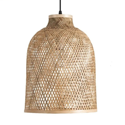 Decorative bamboo cage ceiling fixture emphasizing detailed woven fiber craftsmanship and style.