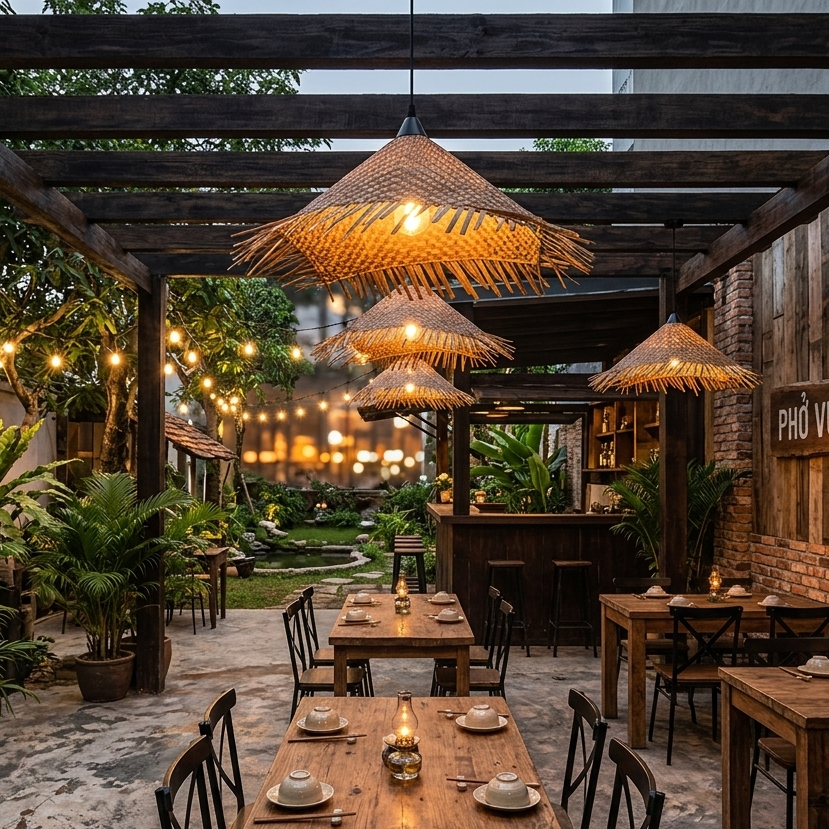 Decorative bamboo light creating an inviting and warm ambiance for a trendy, rustic restaurant.