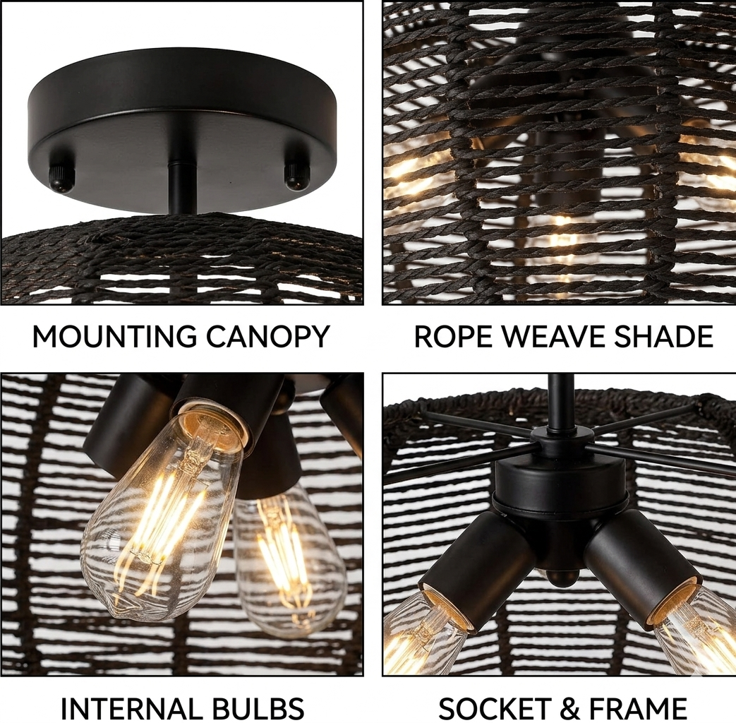 Decorative black rope mesh ceiling light emphasizing detailed woven fiber craftsmanship.