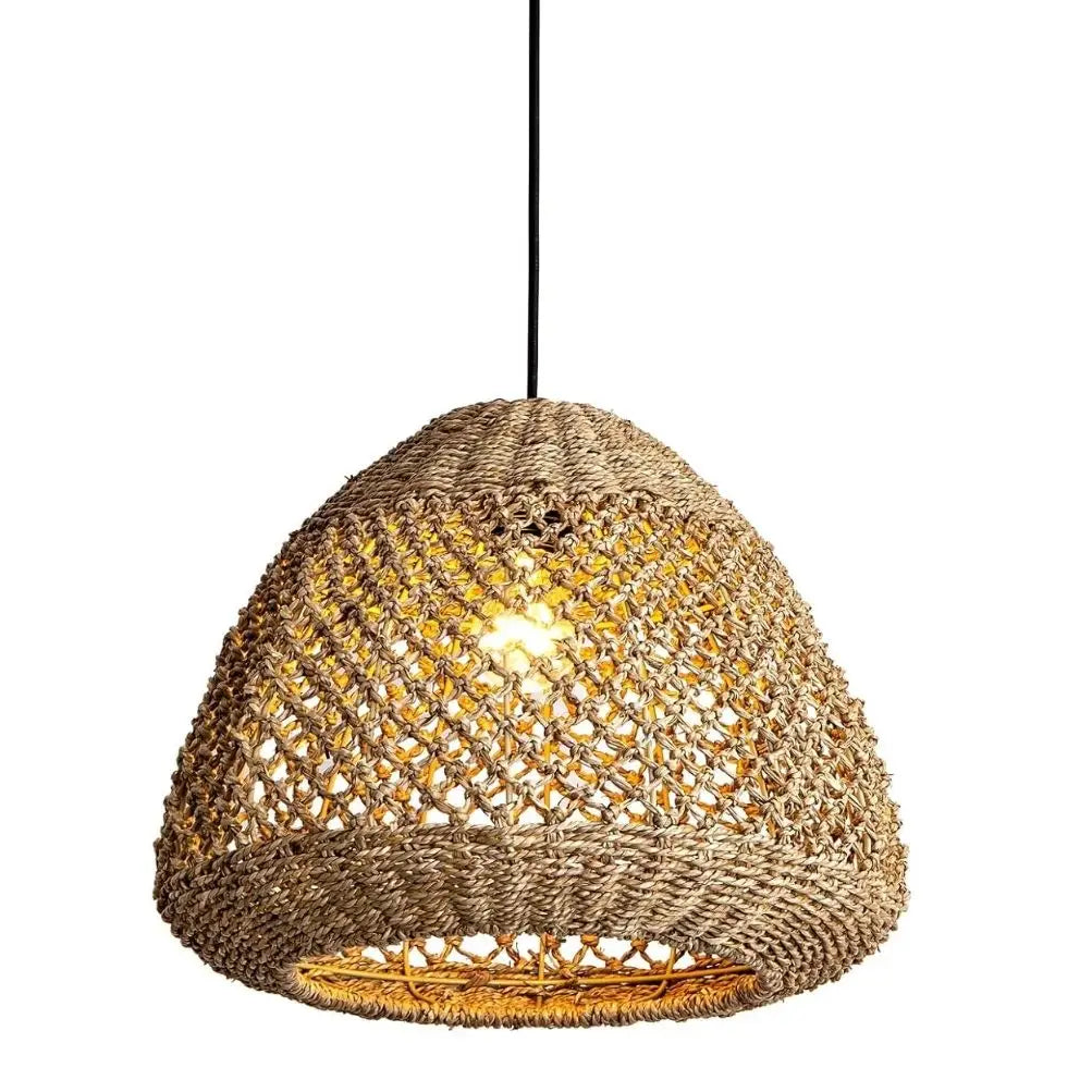 Decorative jute cage ceiling fixture emphasizing detailed woven fiber craftsmanship and style.