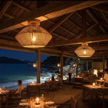 Decorative jute light creating an inviting and warm ambiance for a trendy restaurant setting.