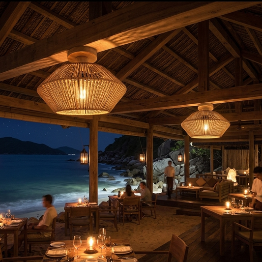 Decorative jute light creating an inviting and warm ambiance for a trendy restaurant setting.