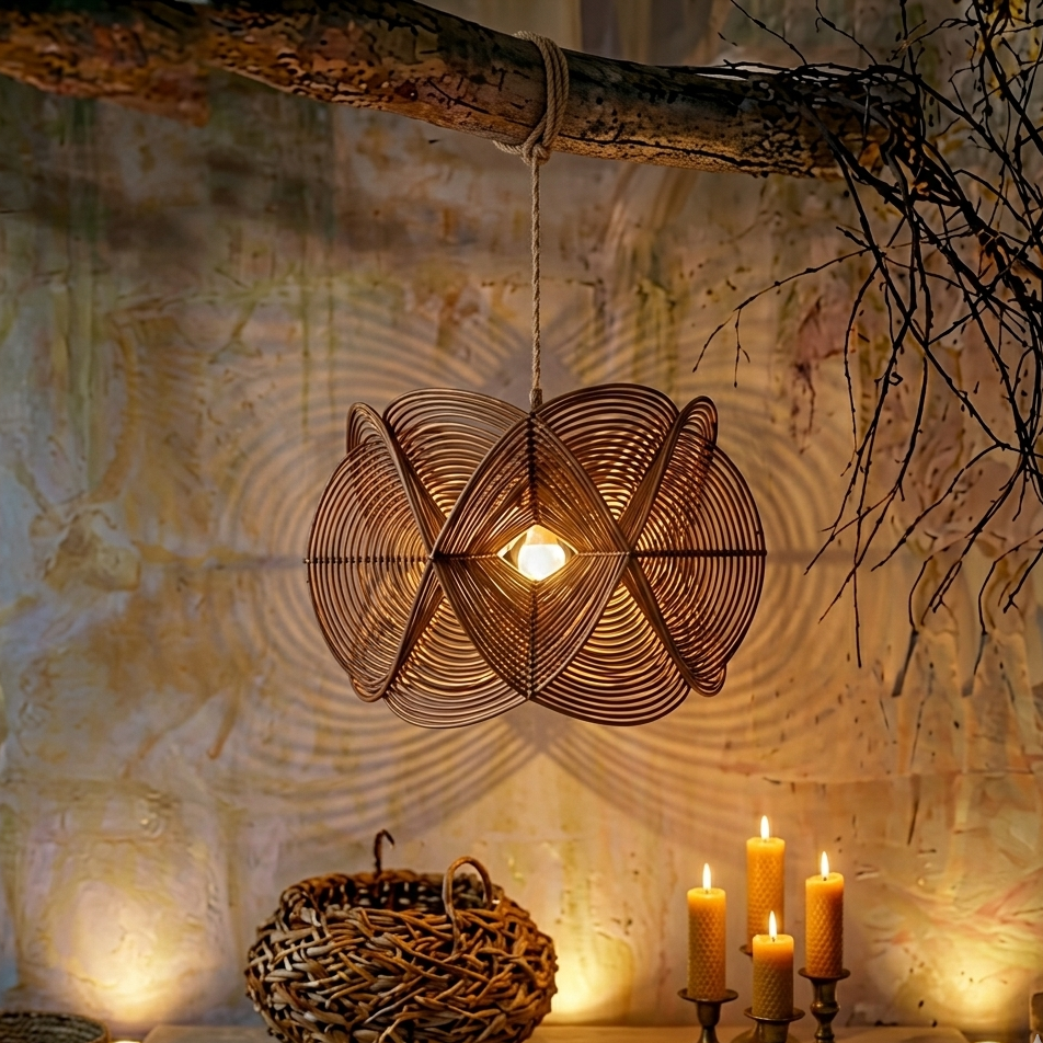 Decorative rattan ceiling fixture emphasizing detailed handmade craftsmanship.