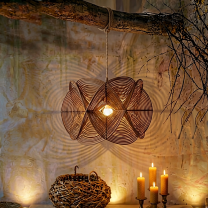 Decorative rattan ceiling fixture emphasizing detailed handmade craftsmanship.