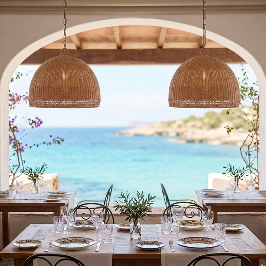 Decorative rattan light creating an inviting and warm ambiance for a trendy, rustic restaurant and Dining Area