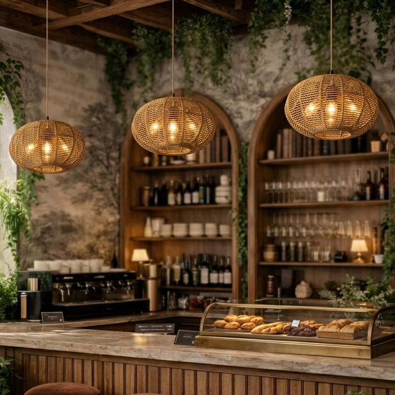 Decorative woven rope ceiling lamp adding a trendy touch to a commercial restaurant space.
