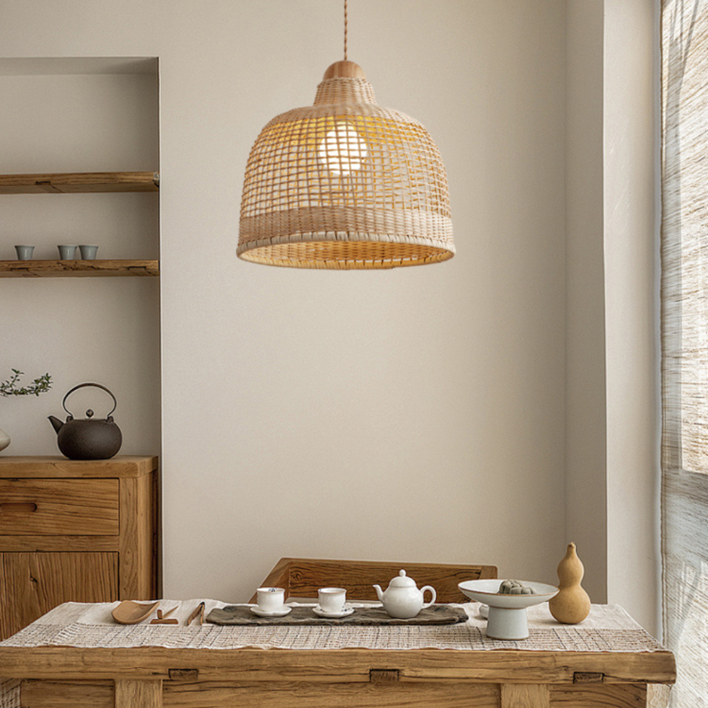Decorative woven pendant light fixture creating a cozy focal point in dining areas