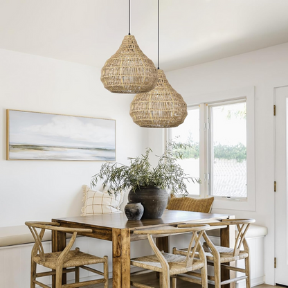 Decorative woven pendant light fixture creating a cozy focal point in dining areas