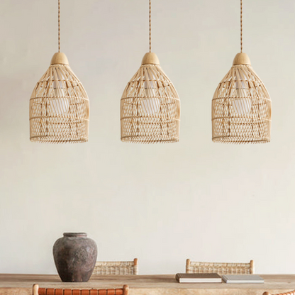 Rustic wicker ceiling pendant light adding a farmhouse touch to dining areas