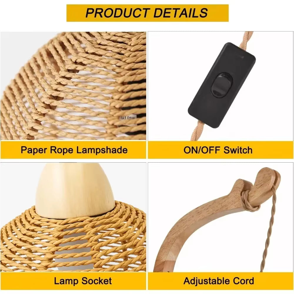 Product details of a paper rope lampshade with ON/OFF switch, lamp socket, and adjustable cord.