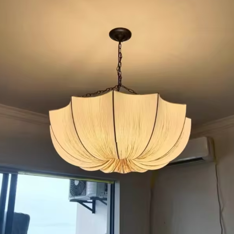 Drop light in Japandi style, using Organic Fabric, creating beautiful sculptural lighting for your Home Decor.
