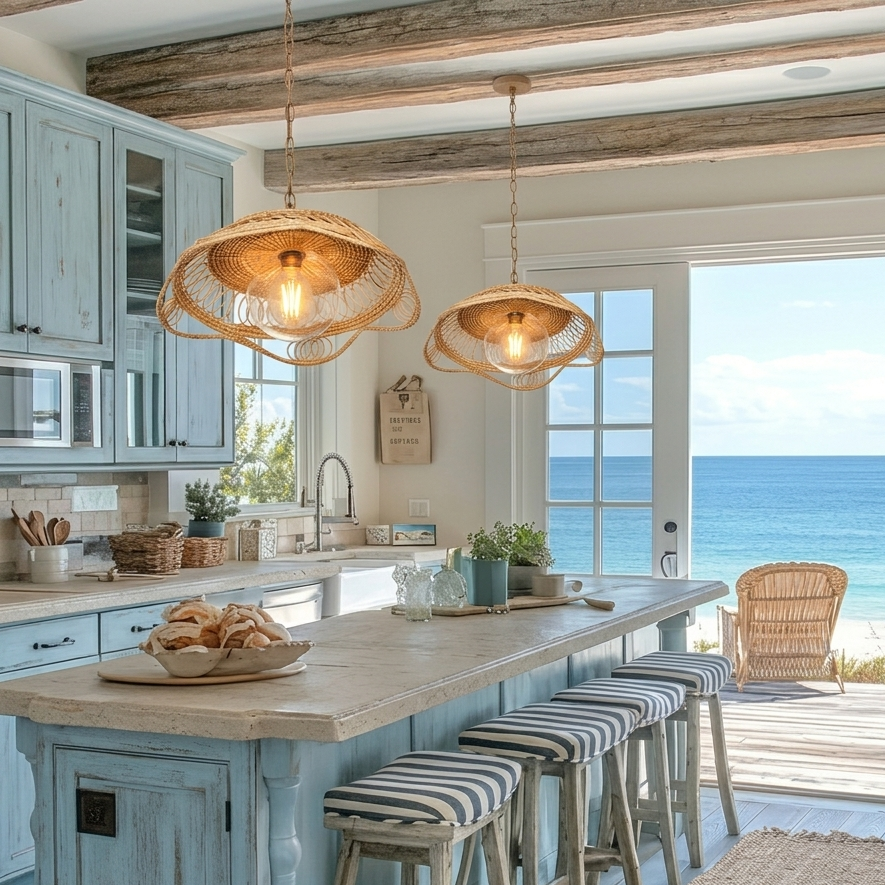 Mediterranean style drop light in natural rattan, perfect for a sun-drenched coastal resort.