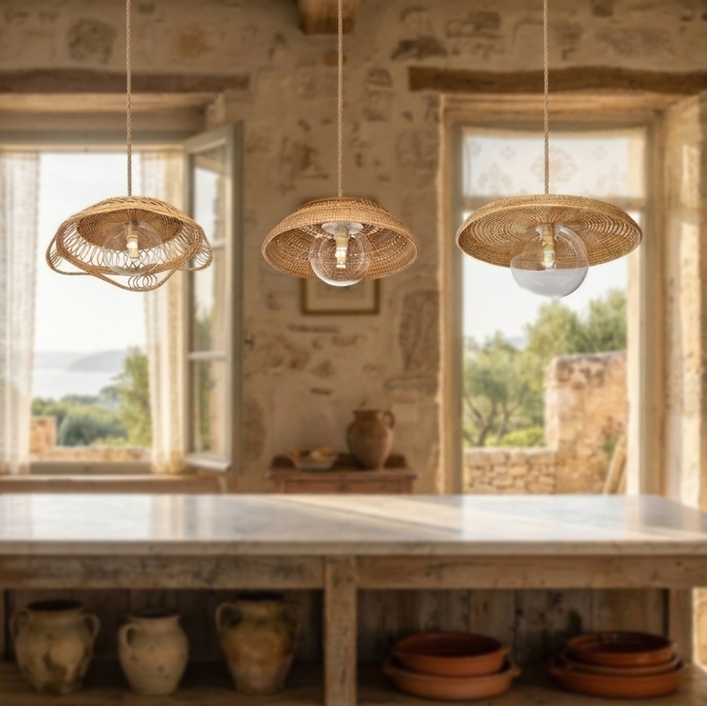 Minimalist drop light with natural rattan texture, perfect for a contemporary kitchen island.