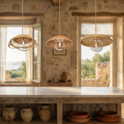 Minimalist drop light with natural rattan texture, perfect for a contemporary kitchen island.