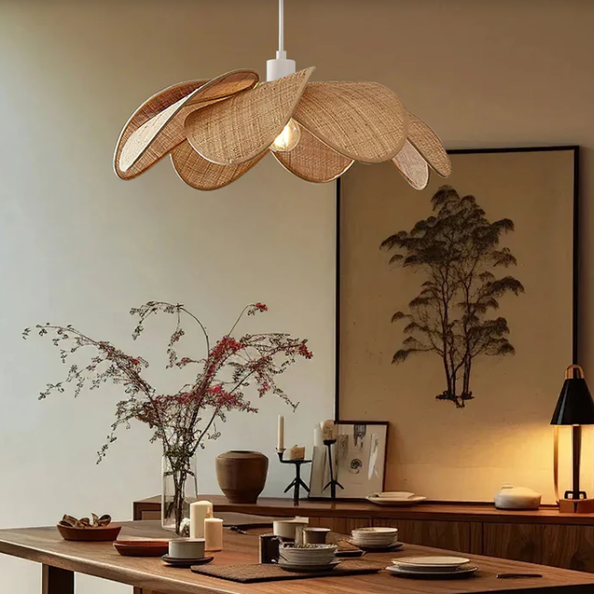 Drop light in minimalist style, crafted from Rattan, perfect for sleek interior design.