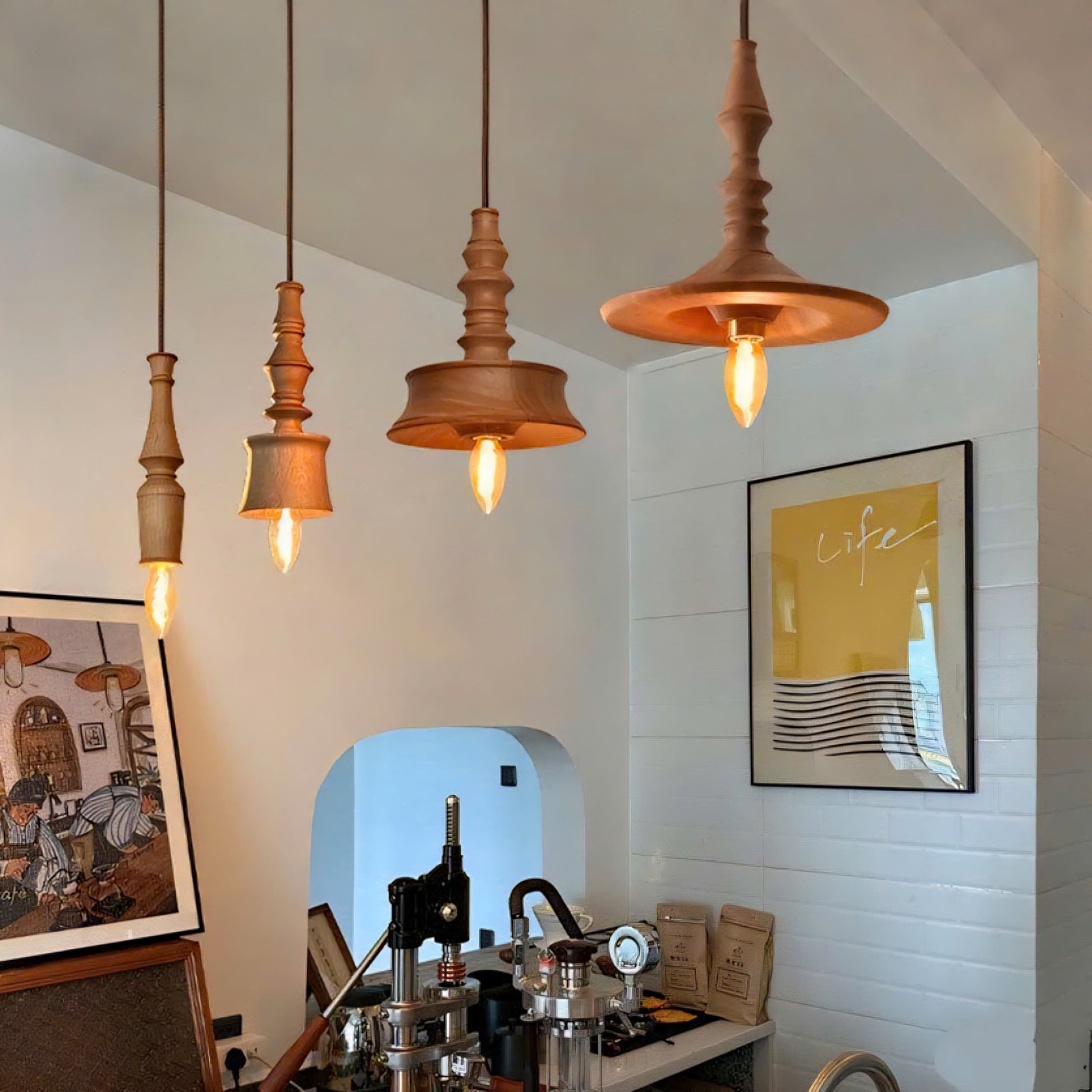 Drop light in modern turned wood style, ideal for bar lighting, adding sculptural, natural warmth.