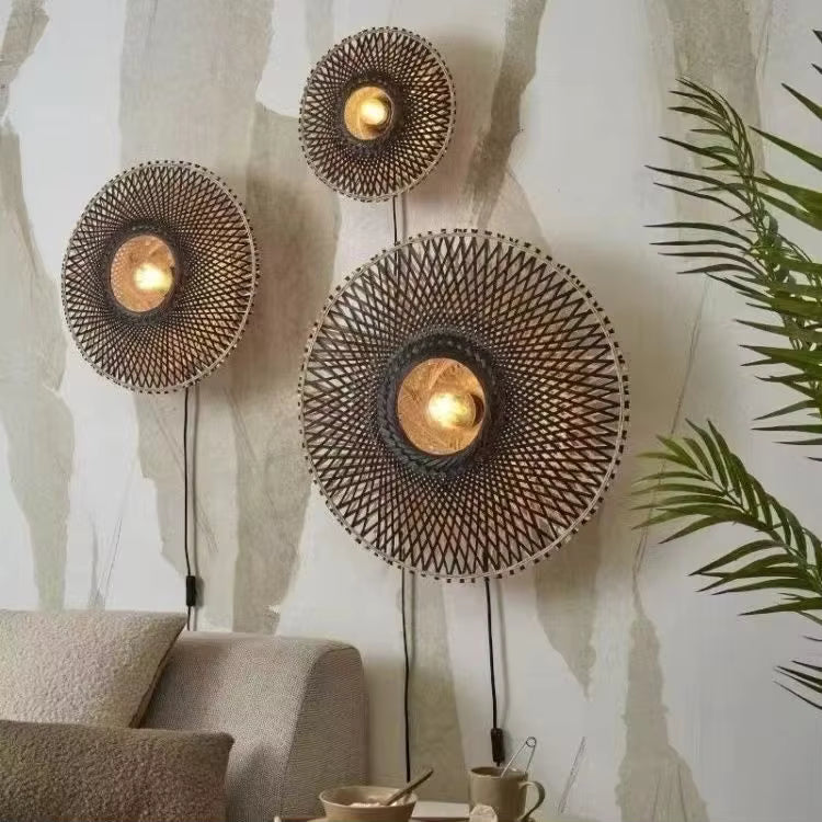 Drop light in Quiet luxury style, crafted from Rattan, ideal for Interior decor, providing ambient and mood lighting with an organic, sculptural appeal.