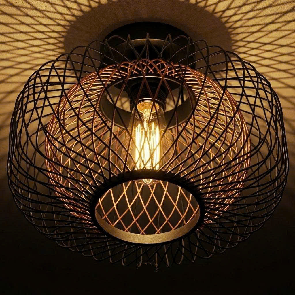 Sturdy steel wire cage flush mount lamp designed for modern industrial interiors.