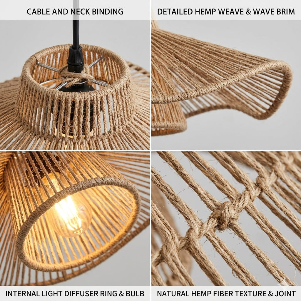 Earth-friendly hemp fiber hanging shade, a handwoven decorative light fixture.