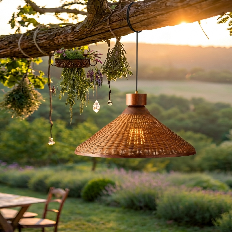 Earth-friendly rattan and wood hanging light, a handwoven decorative fixture for wellness.