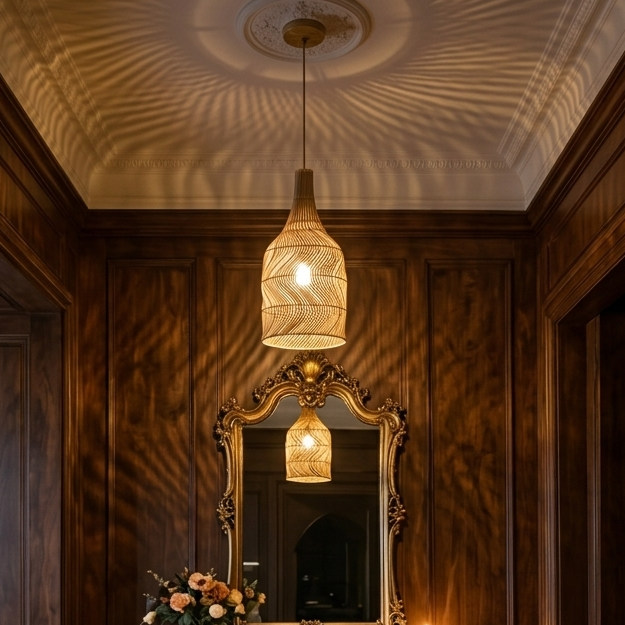 Welcoming earthy bamboo pendant light illuminating a stylish home entryway,Lobby or foyer entrance.