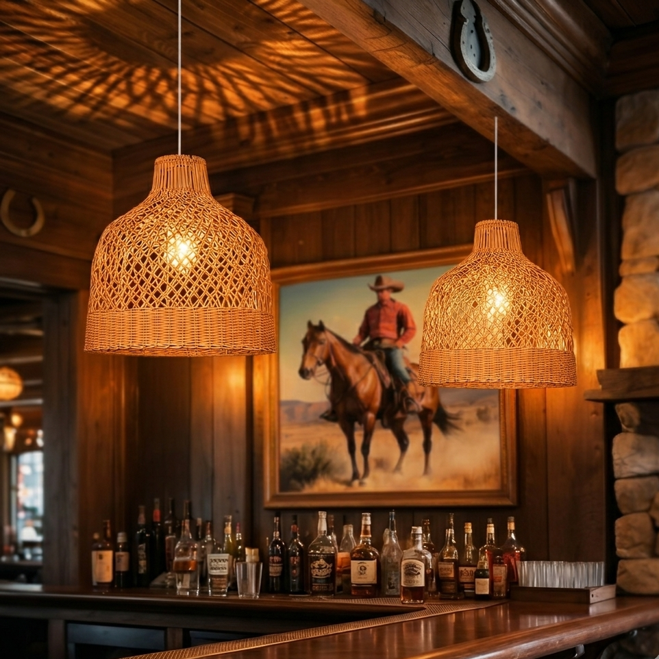 Earthy hand-knitted bamboo pendant lamp with a rustic wicker texture and open-weave design.