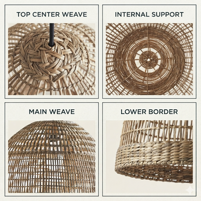 Earthy hand-knitted grass pendant light with a rustic wicker ceiling shade structure.