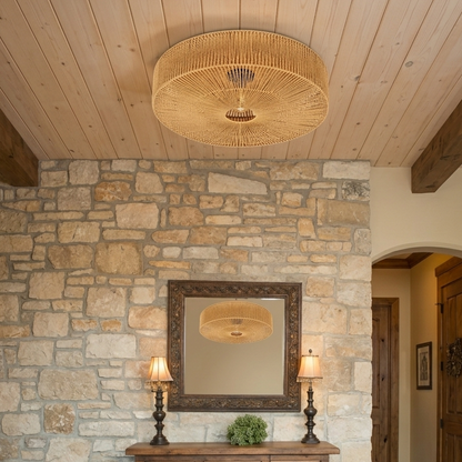 Welcoming earthy hemp rope flush mount light illuminating a stylish home entryway or foyer entrance.