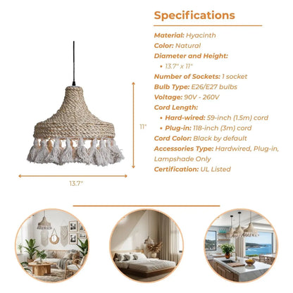 Earthy hand-woven hyacinth fiber hanging lamp with a rustic texture and fringe tassel detail.
