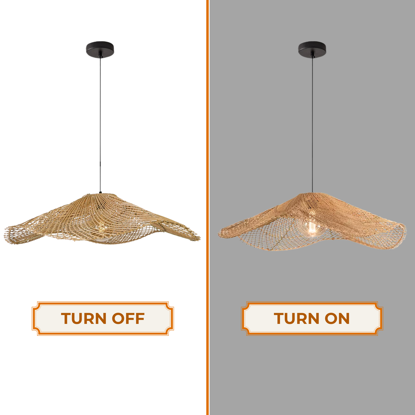 Premium woven cane sun hat lamp featuring a fluid undulating rim that blends seamlessly with mid-century modern wooden chairs.