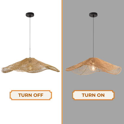 Premium woven cane sun hat lamp featuring a fluid undulating rim that blends seamlessly with mid-century modern wooden chairs.