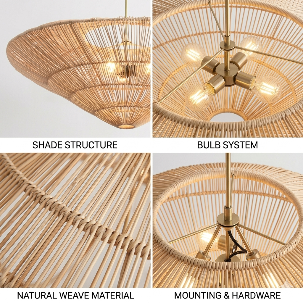 Earthy hand-braided Rattan weave hanging light adds organic warmth to interior spaces.