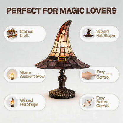 A stained-glass-style witch hat table lamp centered on a light gray background, surrounded by feature callouts reading 'PERFECT FOR MAGIC LOVERS,' 'Stained Craft,' 'Wizard Hat Shape,' 'Warm Ambient Glow,' 'Easy Control,' and 'Easy Button Control.'.