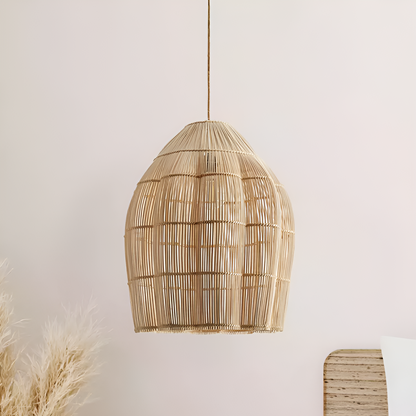 Eco-chic hand-wrapped rattan bell pendant, a sophisticated minimalist accent for sustainable interior styling.