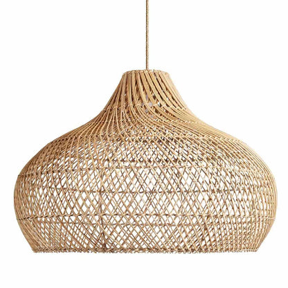 Eco-chic hand-wrapped rattan pendant, a sophisticated minimalist accent for sustainable interior styling.