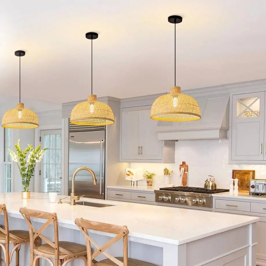 Eco-friendly bamboo kitchen pendant light designed for farmhouse or minimalist kitchen styles.