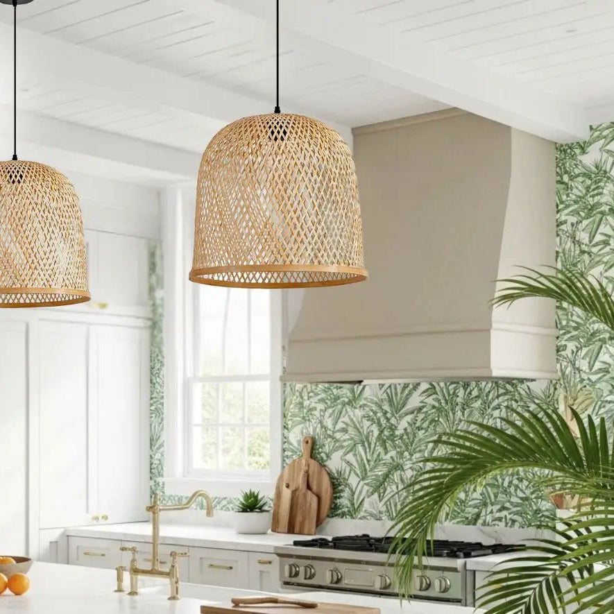 Eco-friendly bamboo lattice pendant lamp providing a warm glow through hand-woven strips.