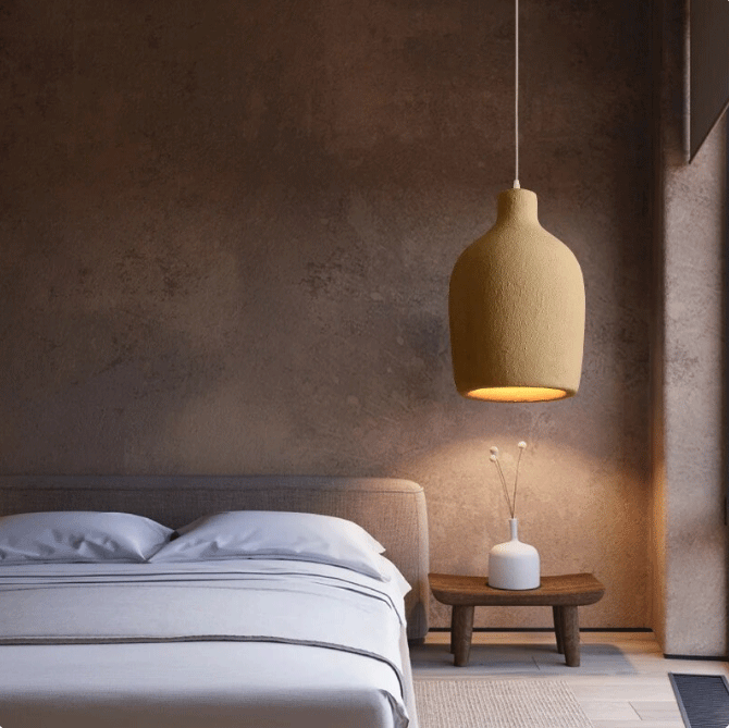 Eco-friendly clay pendant light set of 3 with rough matte texture in a Japandi interior setting.