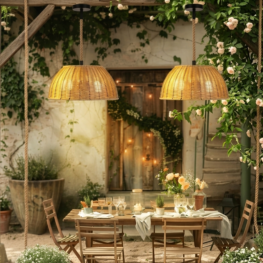 Eco-friendly dome ceiling lamp designed to bring natural elegance to an outdoor porch or deck area.