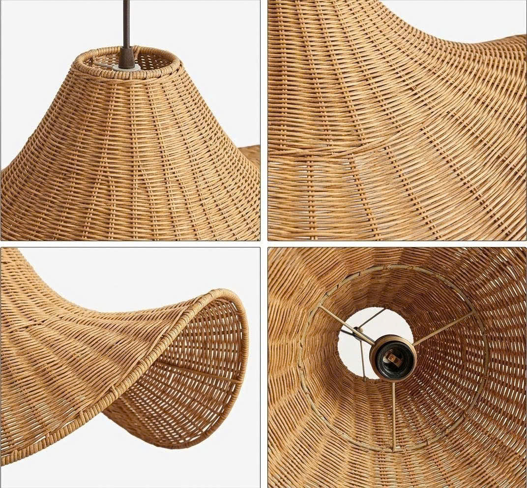 Eco-friendly organic wicker ceiling fixture featuring a unique curved silhouette and warm natural tones.
