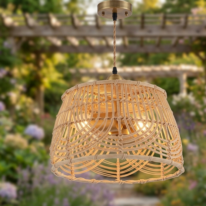 Eco-friendly rattan ceiling lamp designed to bring natural elegance to an outdoor porch or deck area.